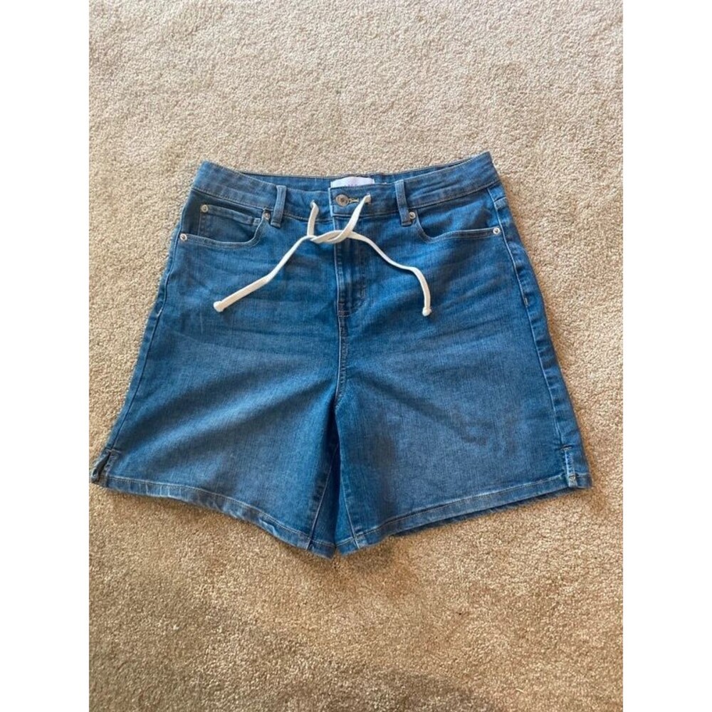 Tahari Womens Size 10/30 High Rise Drawstring Denim Shorts Blue Medium Wash